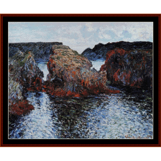 Counted Cross Stitch Pattern by Cross Stitch Collectibles image featuring a part of the famous Monet painting 'Belle Ile Rocks at Port Goulpar' with vibrant colors and impressive landscape.