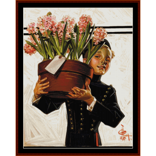 Counted Cross Stitch Pattern by Cross Stitch Collectibles depicting a vintage illustration of a boy as a bellhop holding a basket of pink hyacinth flowers.