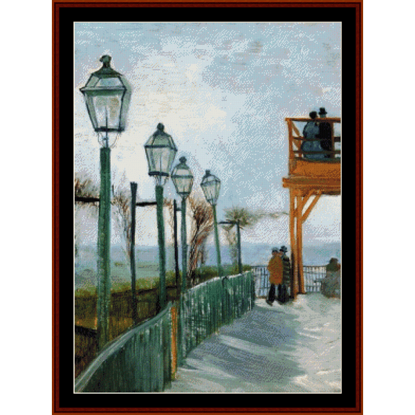 Counted Cross Stitch Pattern by Cross Stitch Collectibles depicting a scene with lamp posts and a structure resembling a Belvedere overlooking Montmarte, in honor of Vincent Van Gogh's style.