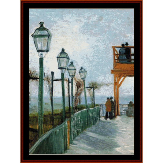 Counted Cross Stitch Pattern by Cross Stitch Collectibles depicting a scene with lamp posts and a structure resembling a Belvedere overlooking Montmarte, in honor of Vincent Van Gogh's style.