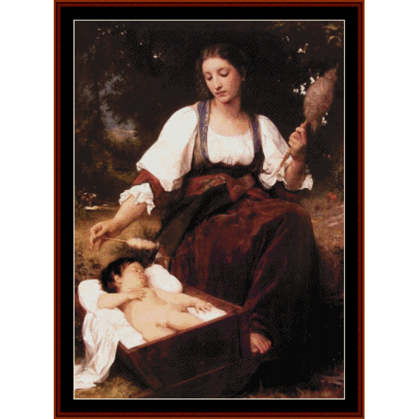 Counted Cross Stitch Pattern by Cross Stitch Collectibles of a woman with a child in a box, set against a natural background.