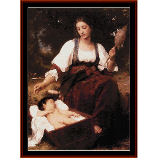 Counted Cross Stitch Pattern by Cross Stitch Collectibles of a woman with a child in a box, set against a natural background.