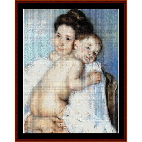 Counted Cross Stitch Pattern by Cross Stitch Collectibles a mother holding a baby, with a blue background