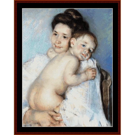 Counted Cross Stitch Pattern by Cross Stitch Collectibles a mother holding a baby, with a blue background