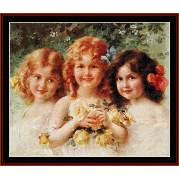 Counted Cross Stitch Pattern by Cross Stitch Collectibles depicting three young children with a floral motif.
