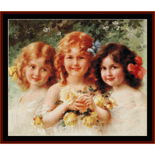 Counted Cross Stitch Pattern by Cross Stitch Collectibles depicting three young children with a floral motif.