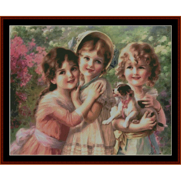 Counted Cross Stitch Pattern by Cross Stitch Collectibles - Three young girls in a garden with flowers and a dog
