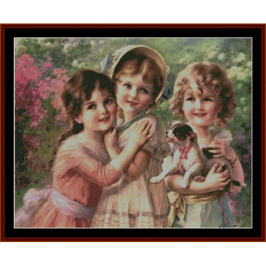 Counted Cross Stitch Pattern by Cross Stitch Collectibles - Three young girls in a garden with flowers and a dog