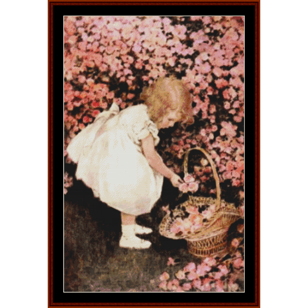 Counted Cross Stitch Pattern by Cross Stitch Collectibles depicting a young child picking flowers from a bush, with a basket of flowers