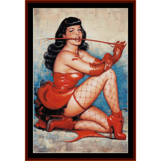 Counted Cross Stitch Pattern by Cross Stitch Collectibles featuring a iconic pin-up girl, Bettie Page. The pattern captures Bettie in a striking pose, seated and holding a cigarette, dressed in a bold red dress with a fitted waist and thigh-high stockings.