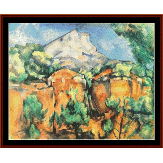 Counted Cross Stitch Pattern by Cross Stitch Collectibles of a landscape with mountains and trees, featuring orange, green, and blue colors.