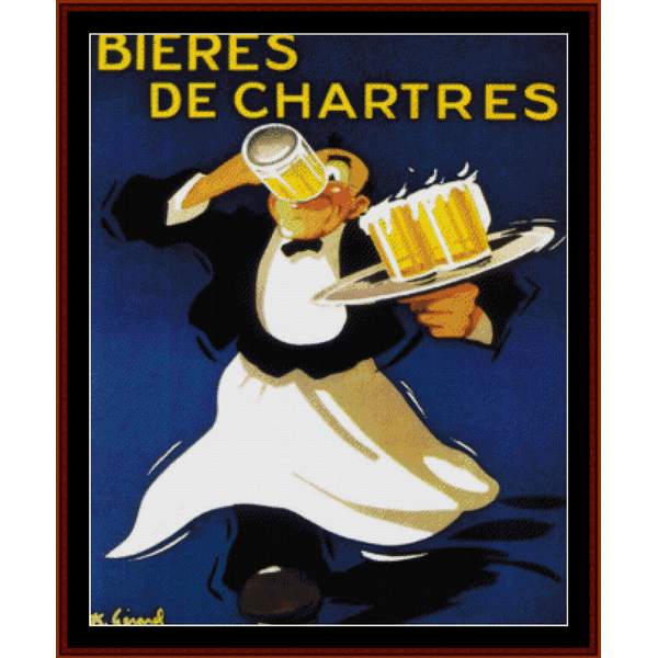 Counted Cross Stitch Pattern by Cross Stitch Collectibles depicting a server with a tray of beer glasses, under the text 'BIERES DE CHARTRES'. 