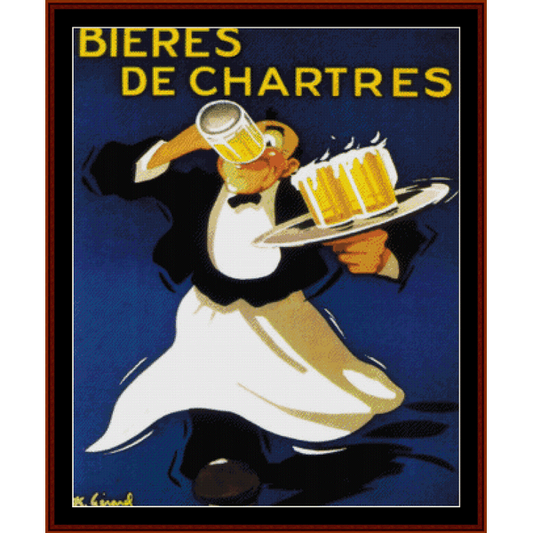 Counted Cross Stitch Pattern by Cross Stitch Collectibles depicting a server with a tray of beer glasses, under the text 'BIERES DE CHARTRES'. 