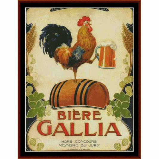 Counted Cross Stitch Pattern by Cross Stitch Collectibles of a Vintage-style advertisement for Bière Gallia featuring a rooster on a barrel with a mug of beer.