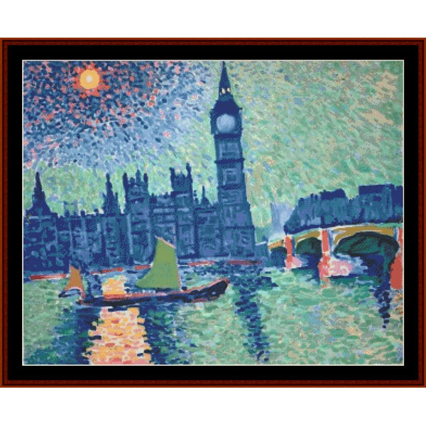 Counted Cross Stitch Pattern by Cross Stitch Collectibles of a cityscape with a clock tower and bridge, featuring a stylized approach.