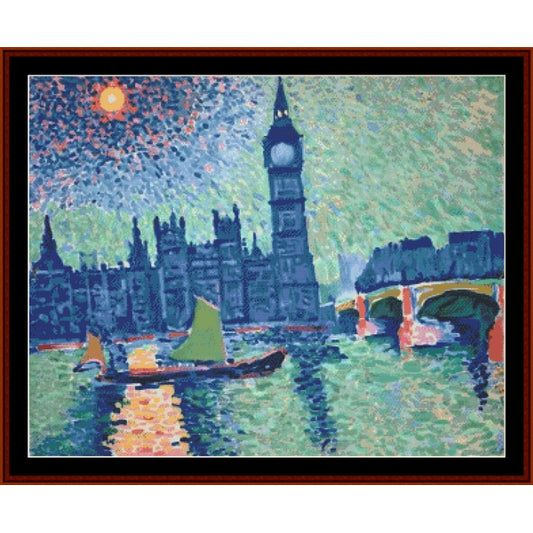 Counted Cross Stitch Pattern by Cross Stitch Collectibles of a cityscape with a clock tower and bridge, featuring a stylized approach.