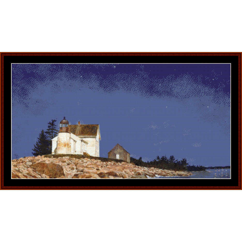 Counted Cross Stitch Pattern by Cross Stitch Collectibles - Lighthouse on a rocky island with a dark blue sky