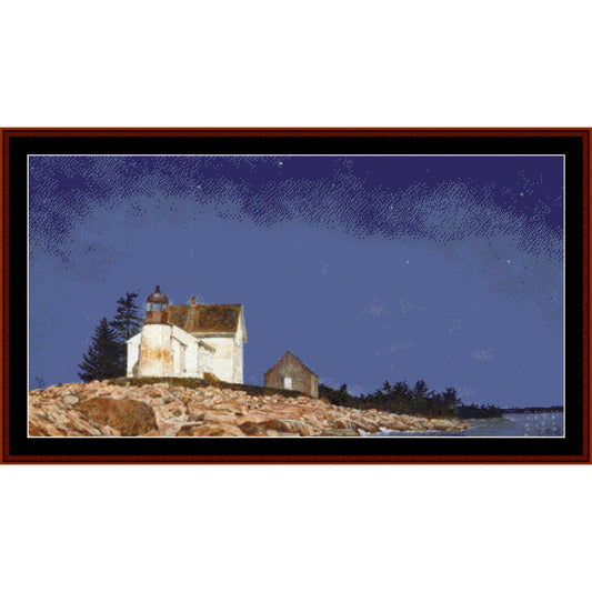 Counted Cross Stitch Pattern by Cross Stitch Collectibles - Lighthouse on a rocky island with a dark blue sky