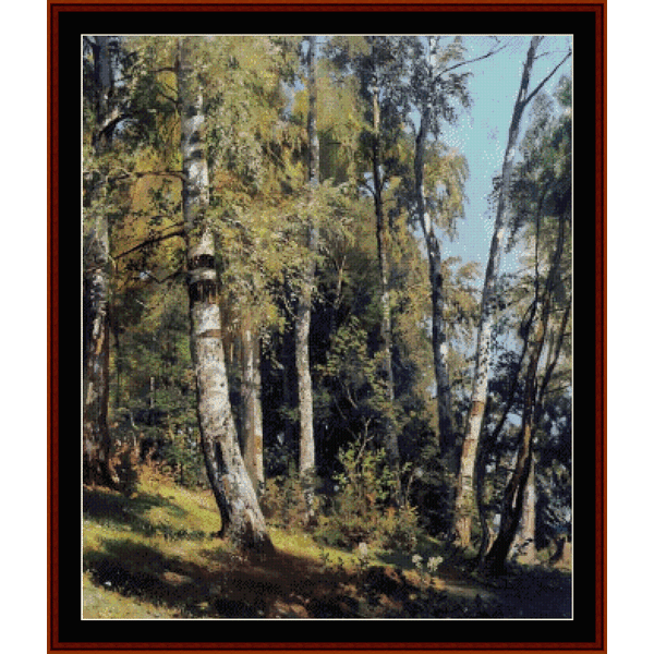 Counted Cross Stitch Pattern by Cross Stitch Collectibles of a forest with birch trees and green foliage