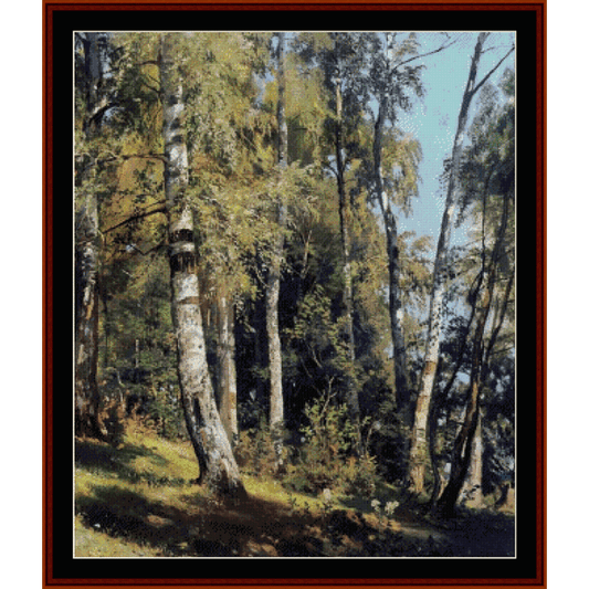 Counted Cross Stitch Pattern by Cross Stitch Collectibles of a forest with birch trees and green foliage