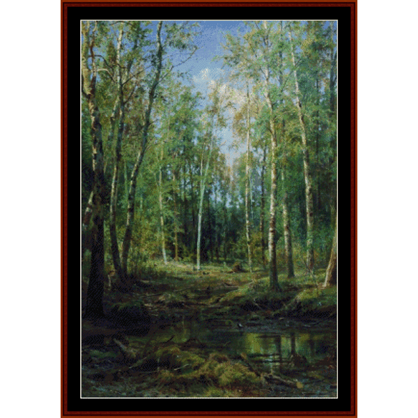 Counted Cross Stitch Pattern by Cross Stitch Collectibles of a forest scene with trees and a path.