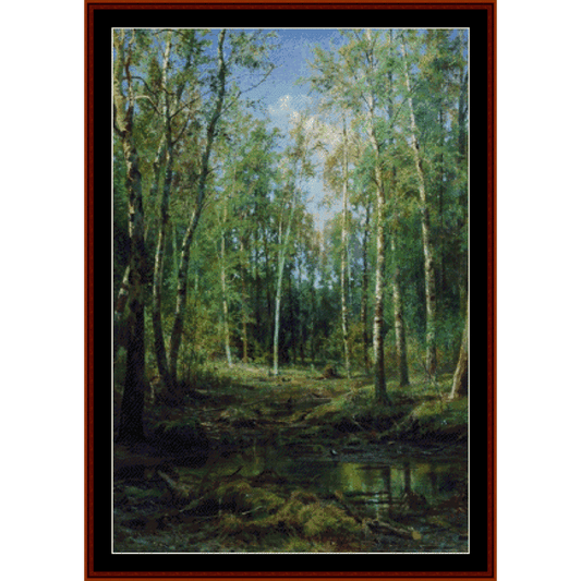 Counted Cross Stitch Pattern by Cross Stitch Collectibles of a forest scene with trees and a path.