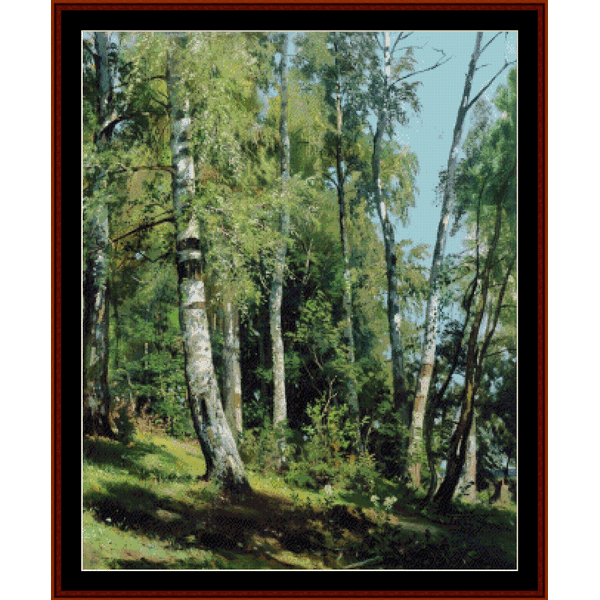 Counted Cross Stitch Pattern by Cross Stitch Collectibles depicting a grove of birch trees with a clear sky in the background, designed by Kathleen George.