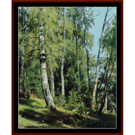 Counted Cross Stitch Pattern by Cross Stitch Collectibles depicting a grove of birch trees with a clear sky in the background, designed by Kathleen George.