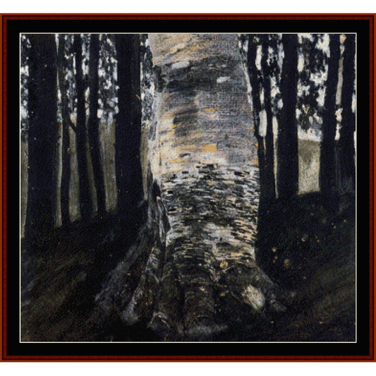 Counted Cross Stitch Pattern by Cross Stitch Collectibles depicting a birch tree in a forest setting