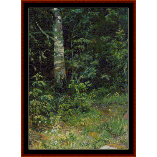 Counted Cross Stitch Pattern by Cross Stitch Collectibles of a forest scene with trees and underbrush.