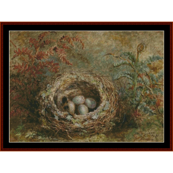 Counted Cross Stitch Pattern by Cross Stitch Collectibles of a bird's nest with eggs surrounded by foliage