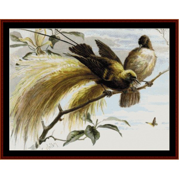Counted Cross Stitch Pattern by Cross Stitch Collectibles depicting two birds perched on a branch with detailed feathers and a butterfly in flight.