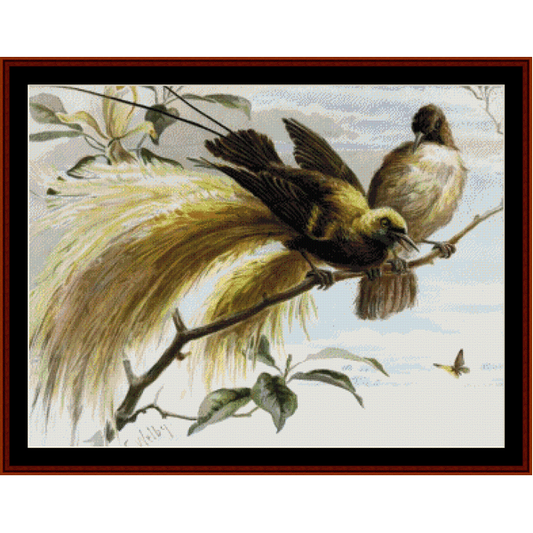Counted Cross Stitch Pattern by Cross Stitch Collectibles depicting two birds perched on a branch with detailed feathers and a butterfly in flight.