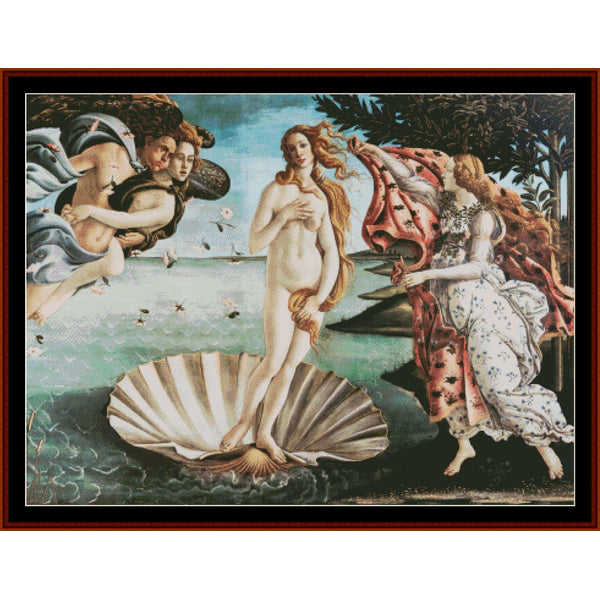 Counted Cross Stitch Pattern by Cross Stitch Collectibles of a classical painting with figures emerging from a shell and another figure with flowing hair.