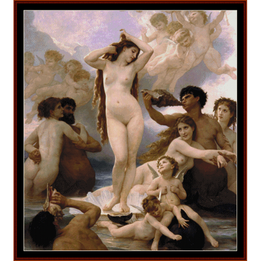 Counted Cross Stitch Pattern by Cross Stitch Collectibles depicting a classical painting with multiple figures, including a nude woman standing on a shell, surrounded by other figures on a beach-like setting.