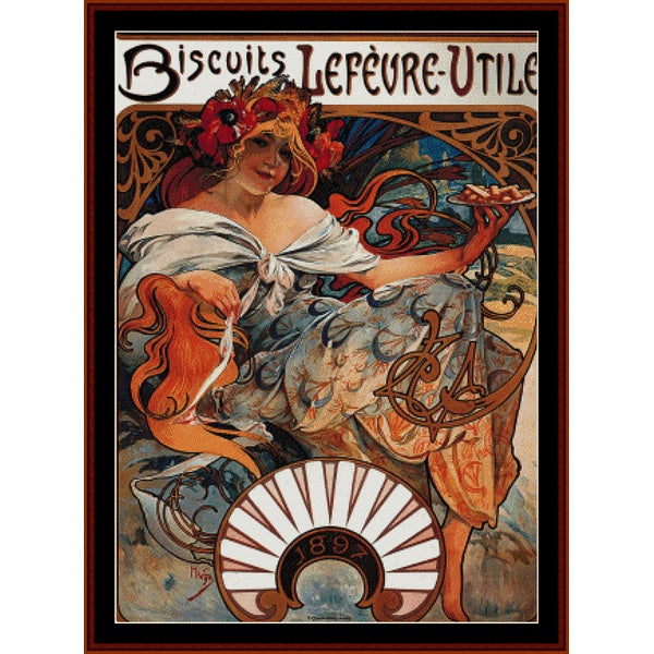 Counted Cross Stitch Pattern by Cross Stitch Collectibles of a Vintage-style advertisement poster for Biscuits Lefèvre-Utile featuring a woman with a bow and arrow.