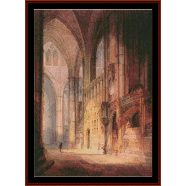 Counted Cross Stitch Pattern by Cross Stitch Collectibles of a cathedral interior with architectural details.