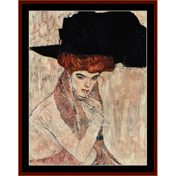 Counted Cross Stitch Pattern by Cross Stitch Collectibles depicting a portrait of a woman with a black feather hat, inspired by Gustav Klimt's artwork.