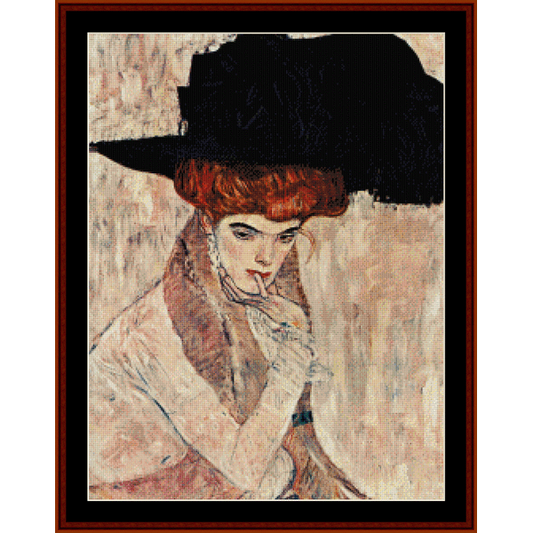 Counted Cross Stitch Pattern by Cross Stitch Collectibles depicting a portrait of a woman with a black feather hat, inspired by Gustav Klimt's artwork.