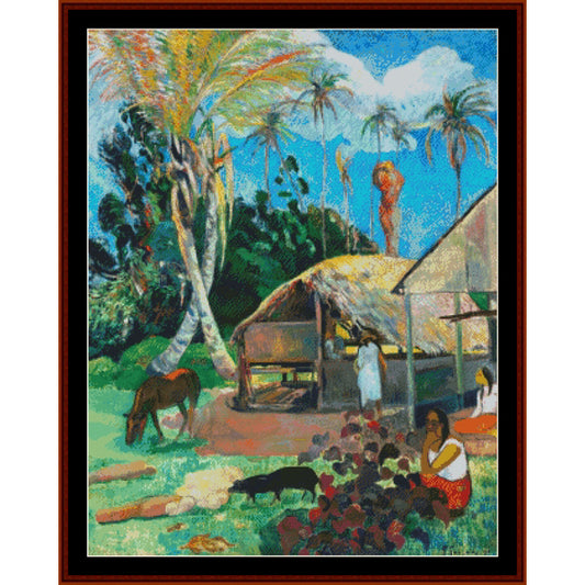 Counted Cross Stitch Pattern by Cross Stitch Collectibles - Tropical scene with people, animals, and a hut under palm trees