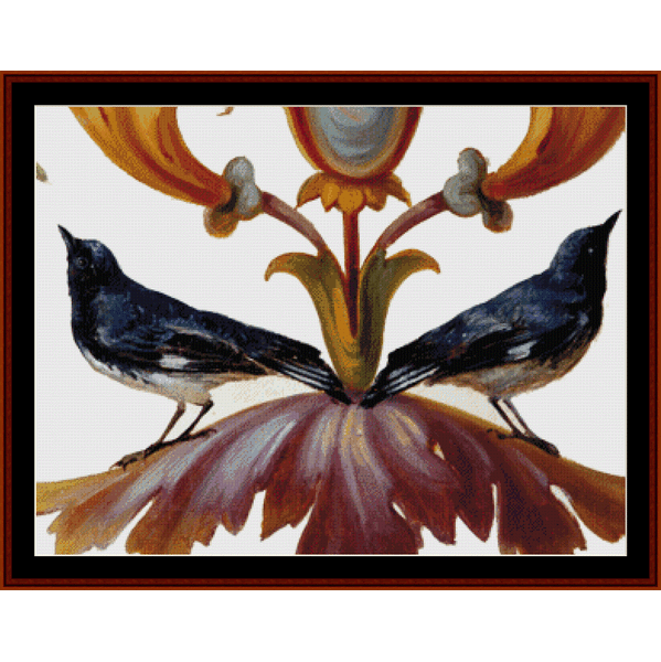 Counted Cross Stitch Pattern by Cross Stitch Collectibles with two birds perched on flowers