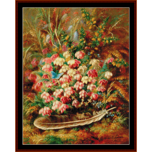 Counted Cross Stitch Pattern by Cross Stitch Collectibles - Floral arrangement with butterflies and a feather on a textured background