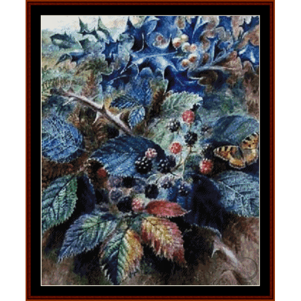 Counted Cross Stitch Pattern by Cross Stitch Collectibles depicting a detailed image of blackberries and holly with a butterfly