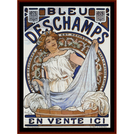 Counted Cross Stitch Pattern by Cross Stitch Collectibles featuring a woman in a classic blue and white outfit with a banner that reads 'BLEU DESCHAMPS - BEST REPUTATION'.