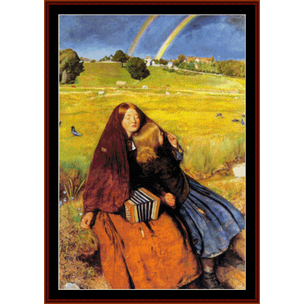 Counted Cross Stitch Pattern by Cross Stitch Collectibles of a woman in a field with a rainbow in the background