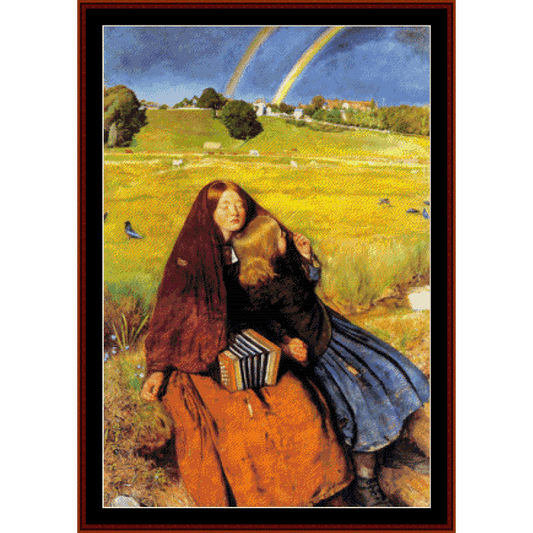 Counted Cross Stitch Pattern by Cross Stitch Collectibles of a woman in a field with a rainbow in the background