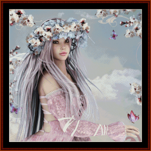 Counted Cross Stitch Pattern by Cross Stitch Collectibles female figure with a floral wreath on her head, surrounded by floral elements and butterflies.
