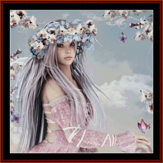 Counted Cross Stitch Pattern by Cross Stitch Collectibles female figure with a floral wreath on her head, surrounded by floral elements and butterflies.