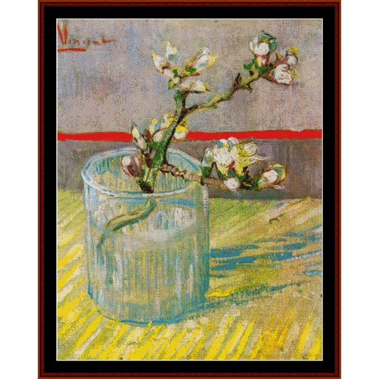 Counted Cross Stitch Pattern by Cross Stitch Collectibles depicting blossoming almond branches in a clear vase, with a style inspired by Vincent Van Gogh's artwork.