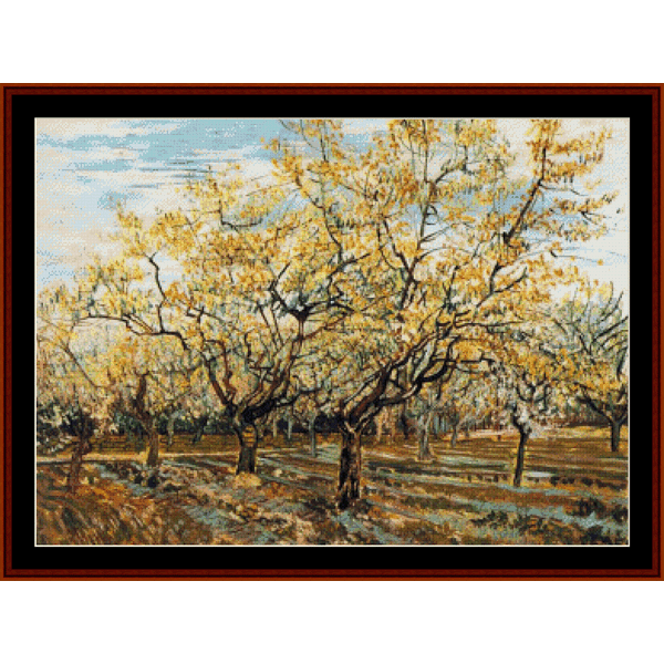 Counted Cross Stitch Pattern by Cross Stitch Collectibles of a tree with yellow leaves in an orchard setting